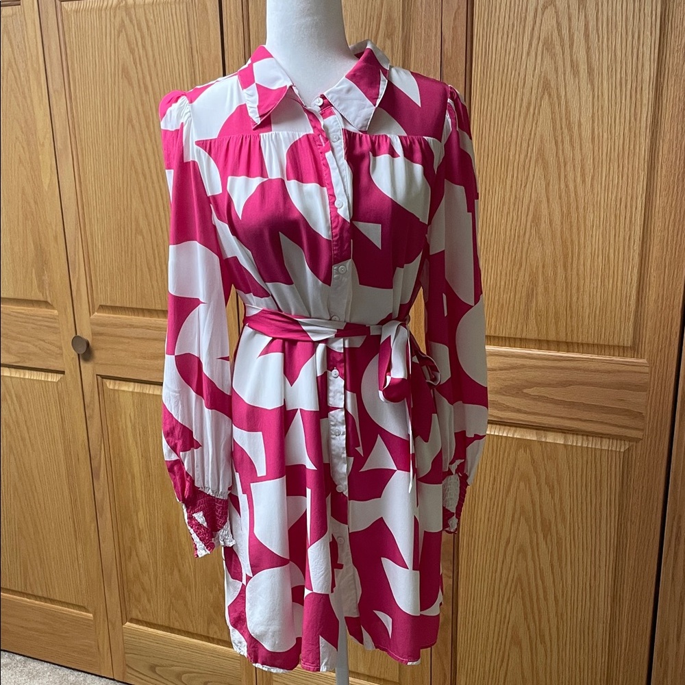 Yours Truly Australia Pink and White Long Sleeve Shirt Dress